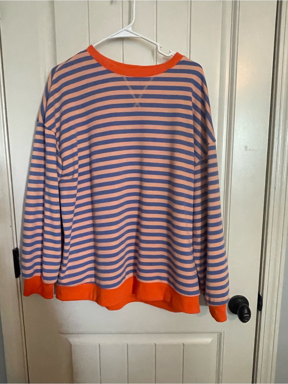 Striped Crewneck Sweatshirt in Peach, Blue & Orange Trim